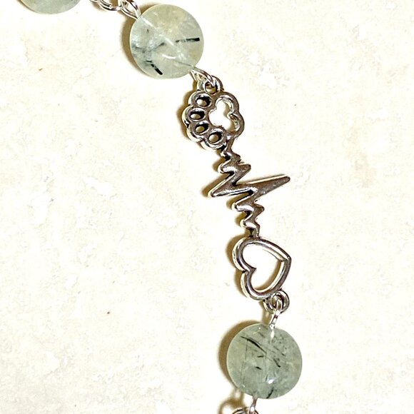 2/$20, Pale Green Prehnite Bracelet, Genuine Gemstone + Paw Print Heartbeat - Picture 3 of 11
